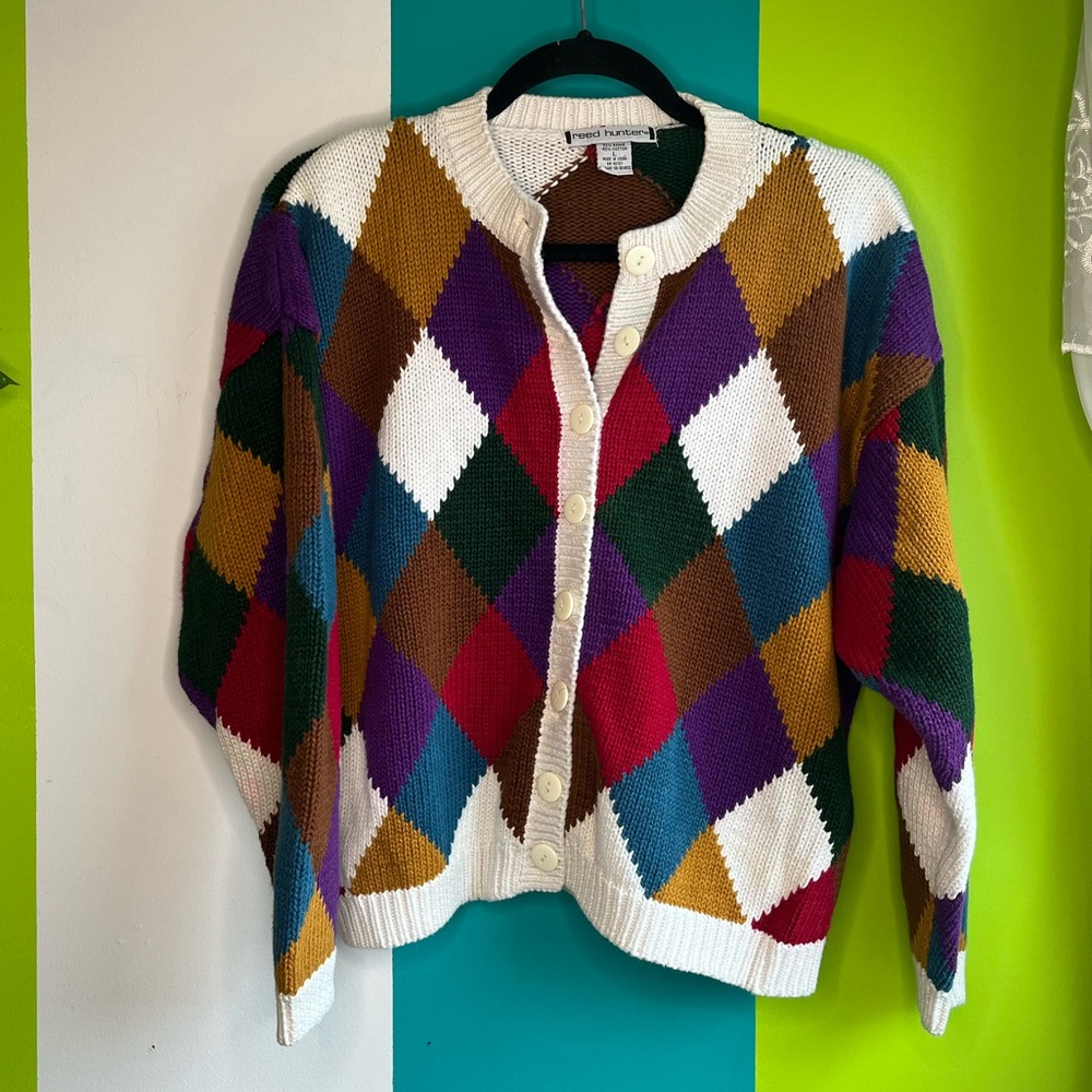 Colorful Vintage Argyle Women's Cardigan Sweater